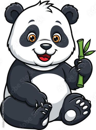 Cute Cartoon Panda Character Sitting And Holding A Green Bamboo Stalk For Wildlife Nature Conservation Zoo Mascot Or Asian Culture Concept Vector Illustration Isolated On White