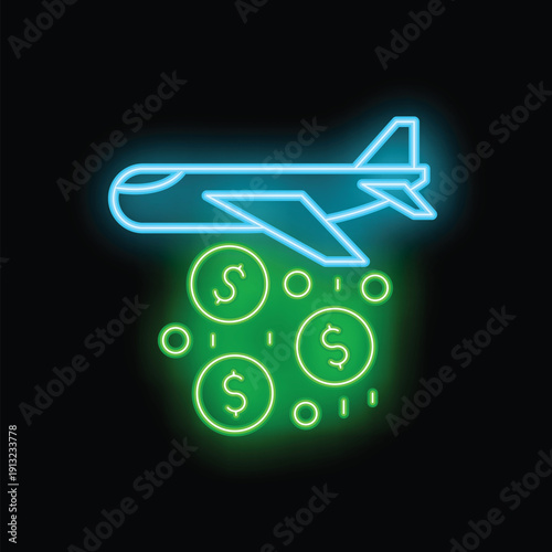 Neon airplane dropping dollar coins representing making profit from business concept