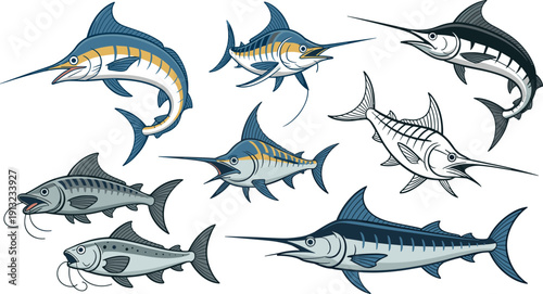 Marlin Swordfish and Catfish Collection Detailed Marine Fish Vector Illustration Set