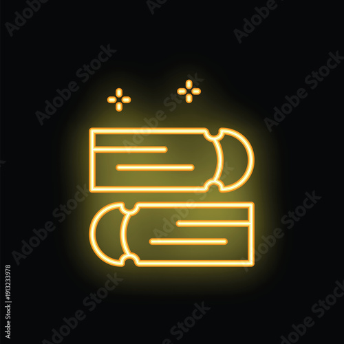 Two neon yellow tickets are glowing brightly against a dark background, suggesting a fun night out at the movies or a concert