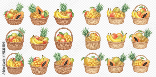 Watercolor illustration set of tropical fruit baskets including pineapples, bananas, papayas, and mangoes, perfect for summer designs.