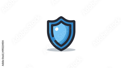 A cartoon-style shield icon with a gradient blue fill, dark outline, and a small shadow