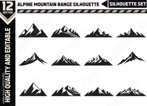 Minimalist Alpine mountain range silhouette illustration. Majestic peaks of the Alps for travel, hiking, and nature-themed graphic design projects.