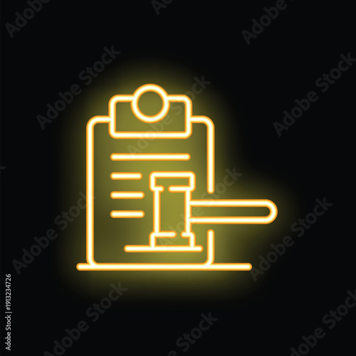 Neon yellow law icon depicting a gavel striking a clipboard with legal documents for verdict