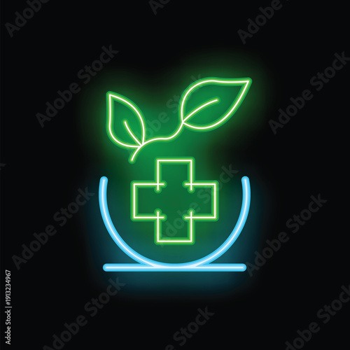 Neon medical logo with a cross growing from a stem with two leaves glowing in green and blue light