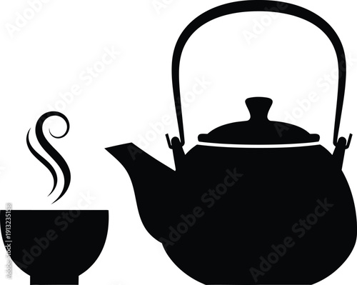 Minimalist line art illustration of a modern tea kettle and teacup with steam
