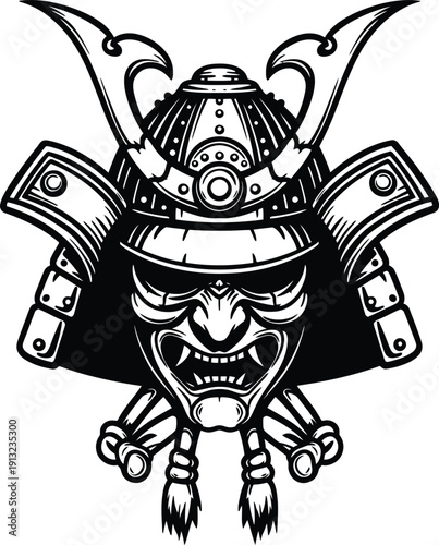 Japanese Samurai Kabuto Helmet with Demonic Oni Mask Vector Illustration