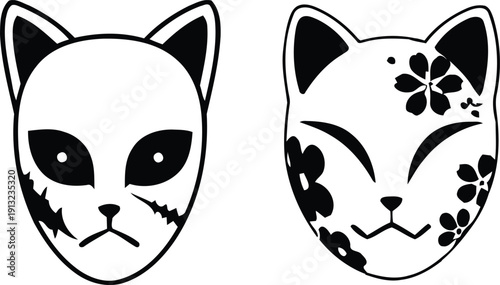 Japanese Kitsune Fox Mask Vector Set - Traditional Fox Spirit Masks with Floral and Scar Designs