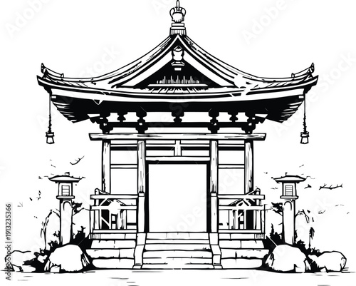 Hand-drawn black and white Japanese temple gate illustration in ink sketch style