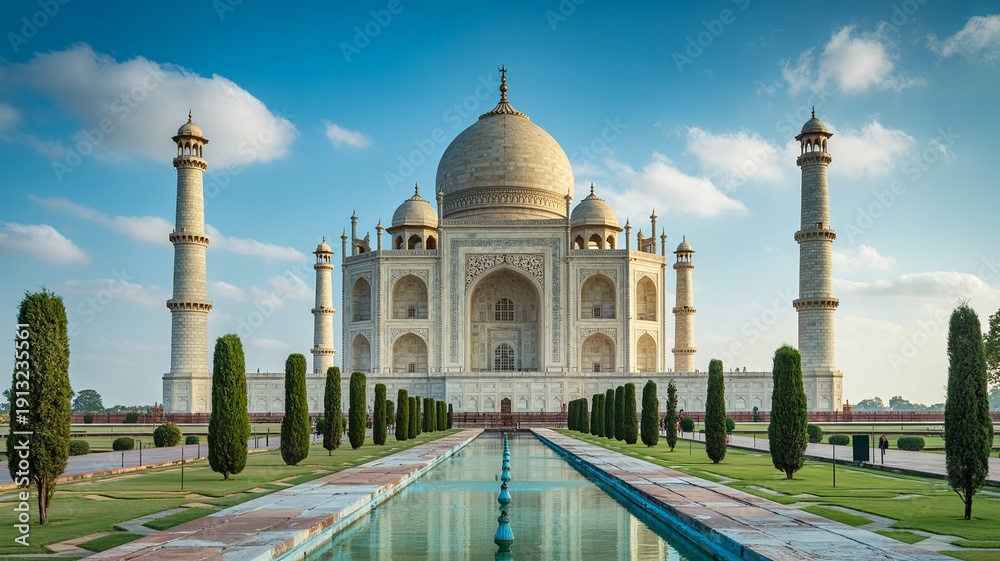 Fototapeta premium Iconic Taj Mahal monument in Agra under clear blue sky.