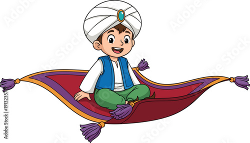 Happy Cartoon Boy Character Wearing A Turban And Traditional Vest Sitting On A Flying Magic Carpet For Fantasy Adventure Or Fairy Tale Concept Vector Illustration