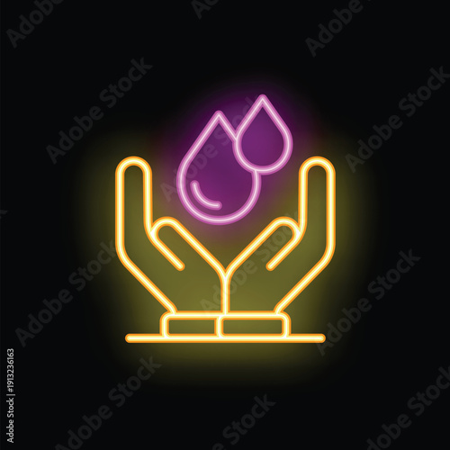 Neon sign of two hands holding water drops, symbolizing the importance of water conservation