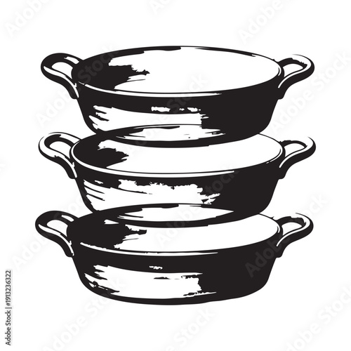 A stack of three black and white cookware dishes with handles displayed on a white background