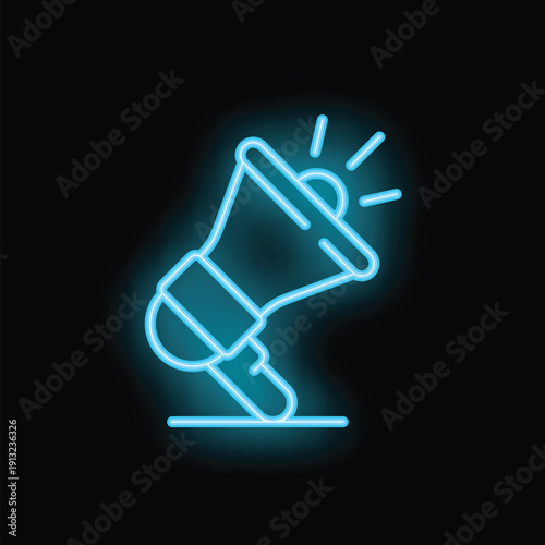 Bright blue neon sign depicting a megaphone making an announcement