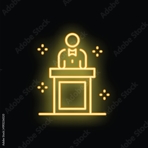 Neon sign of a politician speaking at a podium, giving a speech