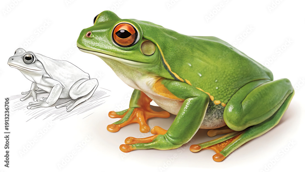 Fototapeta premium A colorful green frog with orange feet and a sketch of a frog