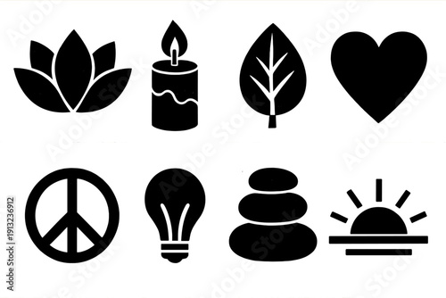 Brutalist Mindful Icons. Mindful Living silhouette set: lotus flower, candle, leaf, heart, peace symbol, soft light, balance stones, sunrise