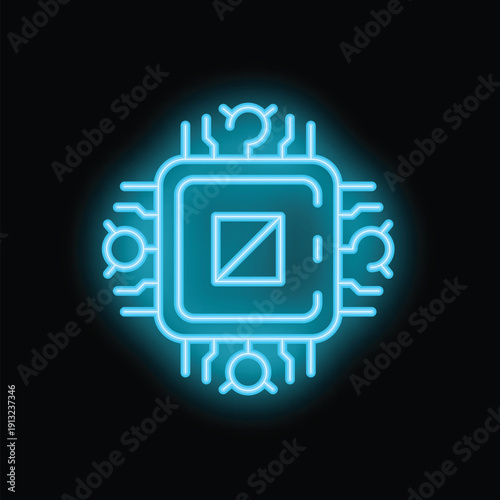 Brightly glowing neon cpu microchip icon on dark background, symbolizing processing power and technology