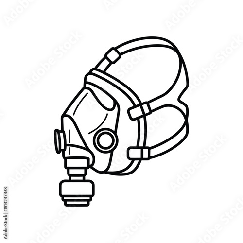 Illustration of a gas mask with attached air filter and head straps