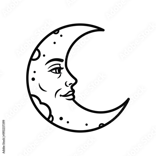 Whimsical crescent moon with a face resembling a gentle human expression