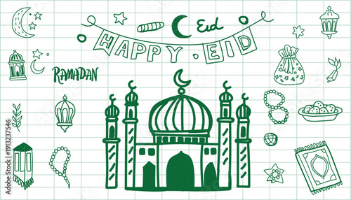 Hand-Drawn Eid and Ramadan Doodle Illustration Featuring Mosque, Lanterns, Crescent Moon, Stars, Prayer Beads, Food, and Festive Islamic Symbols on Grid Paper.