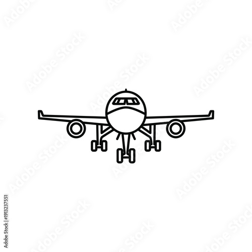 Simple line drawing of a commercial airplane with landing gear extended