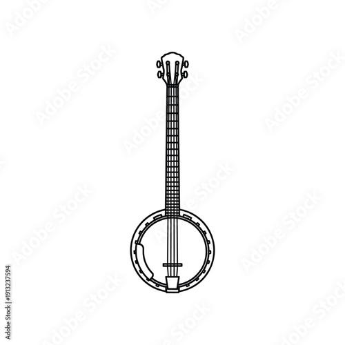 Black and white illustration of a banjo musical instrument with a long neck and circular body.