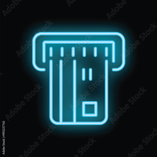 Blue neon sign representing a credit card being inserted in a pos terminal on a black background