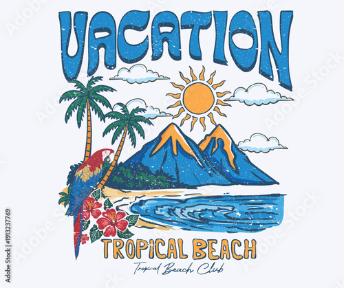 Mountain with beach design. Hawaii print. Palm beach vibes. Summer vibes artwork. Sunshine paradise graphic print design. Surf club design. Beach modern abstract art.