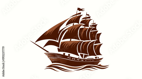 A vector illustration depicts a sailing vessel with sails billowing, navigating ocean waves