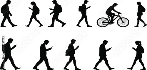 Black silhouettes of people walking and riding a bicycle while looking at smartphones