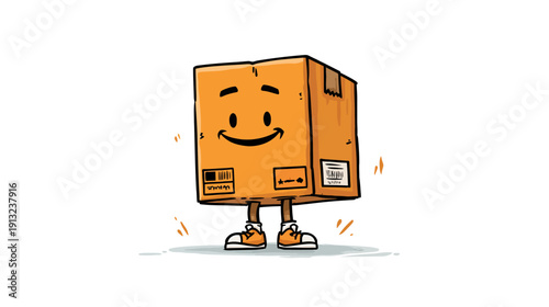 A smiling, animated, cardboard delivery box with legs and sneakers, standing on white background