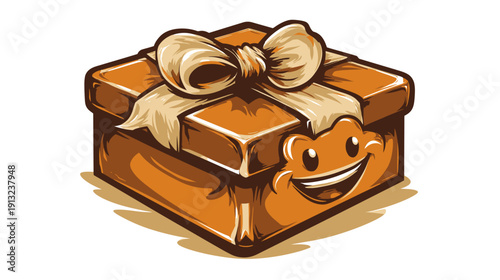 An illustration of a stylized gift box, orange with a light-colored bow, and a smiling face
