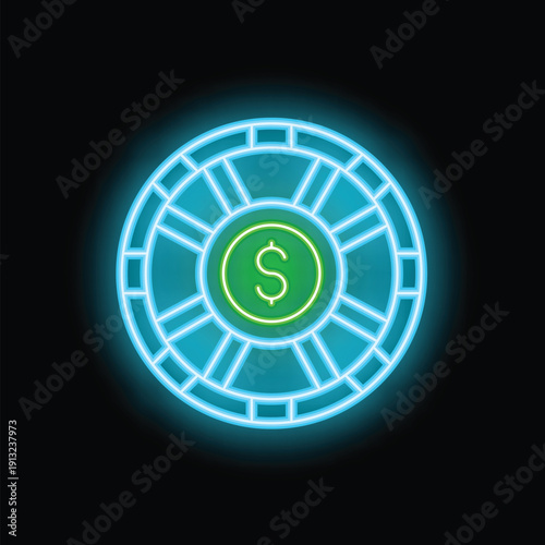 Neon green casino roulette wheel spinning with dollar sign inside on dark background illustration