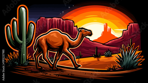 A stylized desert scene with a camel walking through, under a sunset sky