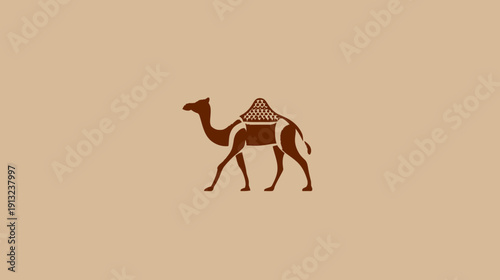 A simple illustration of a dromedary camel. Brown silhouette on a tan background