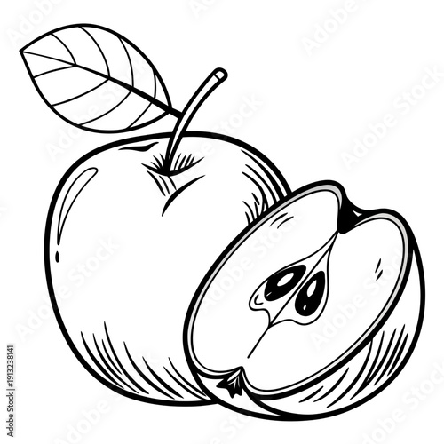 Detailed black and white line art illustration of a whole apple with a perfectly cut half showing the core and seeds ready for coloring books