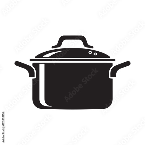 Simple black and white illustration of a cooking pot with handles and a lid