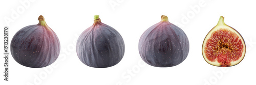 Four figs with one cut in half fruit purple fruit isolated on a transparent background