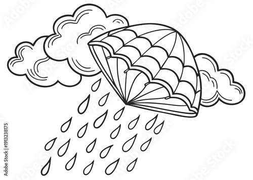 Simple black and white outline drawing depicting an umbrella turned upside down catching raindrops falling from a stylized fluffy cloud during a weather event