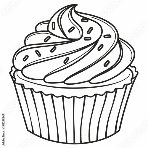 Simple black and white outline drawing of a delicious frosted cupcake generously topped with tiny elongated sprinkles ready for coloring enjoyment.