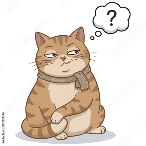 Curious cat wearing a scarf with a question mark thought bubble, symbolizing confusion and contemplation