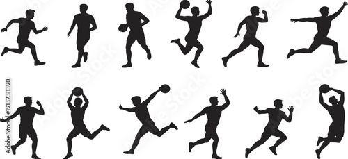 Collection of black male athlete silhouettes in various sports actions running