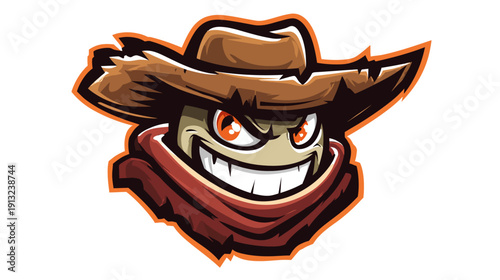 A cartoon image depicting a cowboy figure with a hat, a red scarf and angry eyes