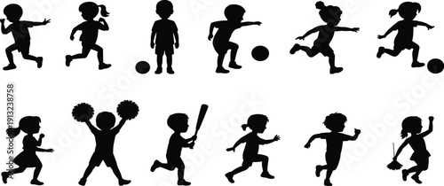Collection of black silhouettes of children engaged in various sports and activities