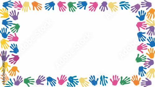 Colorful border of diverse cartoon animals and flowers in a white frame