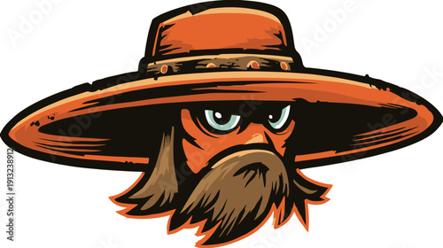 A stylized cartoon head of a man with a wide brimmed hat, mustache, and long beard