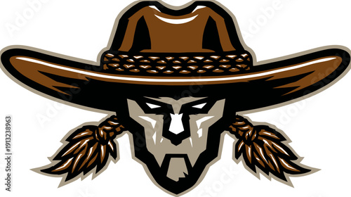 A stylized cowboy face logo with a hat, face, and braids, rendered in shades of brown and black