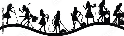 "Silhouettes of women performing household chores including sweeping, ironing, vacuuming, and laundry arranged in sequence symbolizing domestic work and home care
