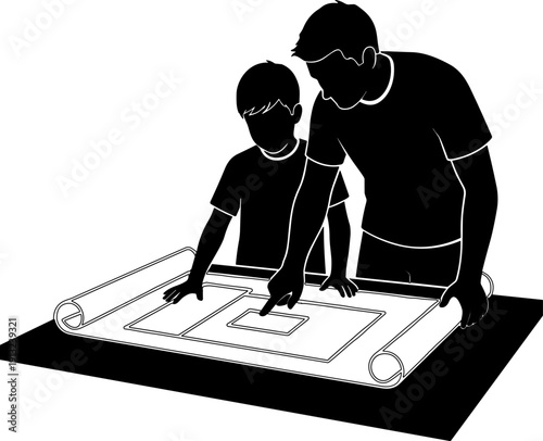 Father's day Silhouette illustration of a man and woman with a gun and handcuffs in a simple black vector style